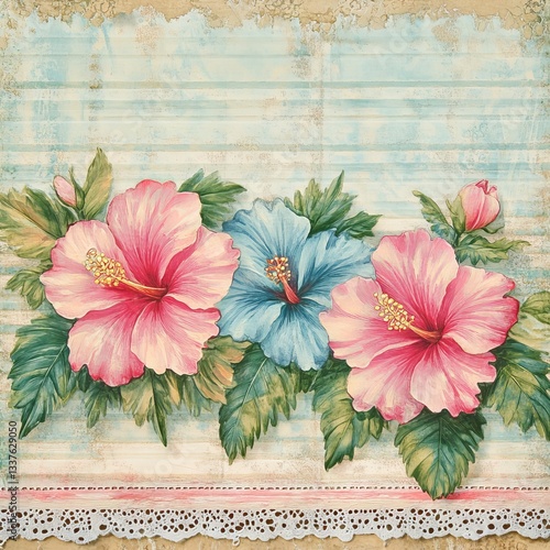 Obraz na płótnie Old vintage scrapbook wallpaper with lace, a beautiful, vivid pink and turquoise hibiscus flower w salonie