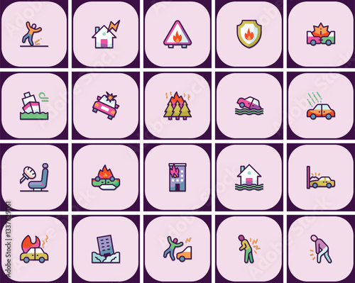 Comprehensive insurance icon set showcasing various types of accidents and disasters