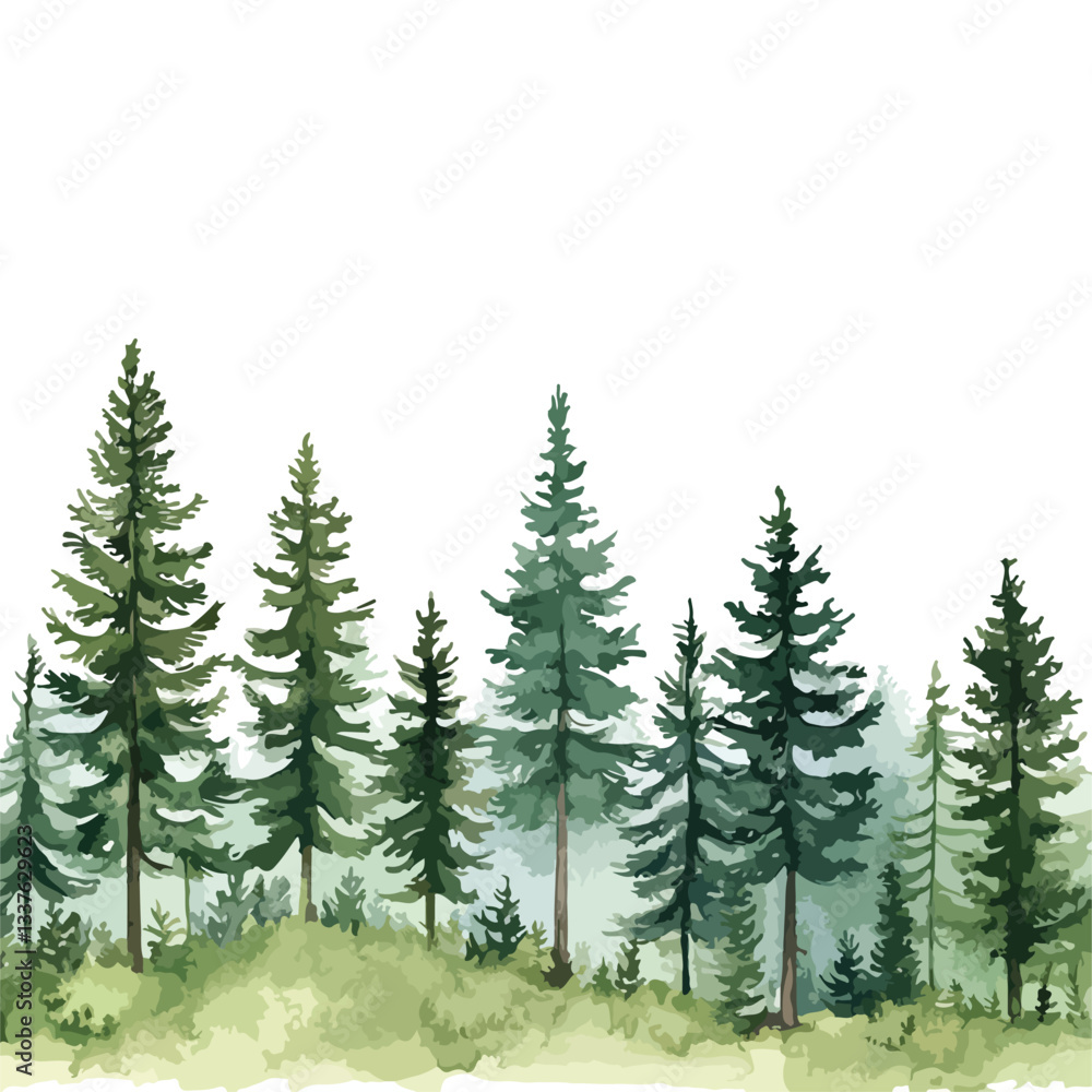 Fototapeta premium Serene Watercolor Green Pine Forest Landscape Banner