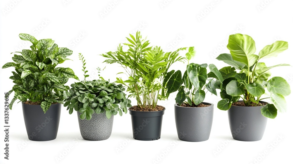 Fototapeta premium Five potted houseplants in gray pots on white background.