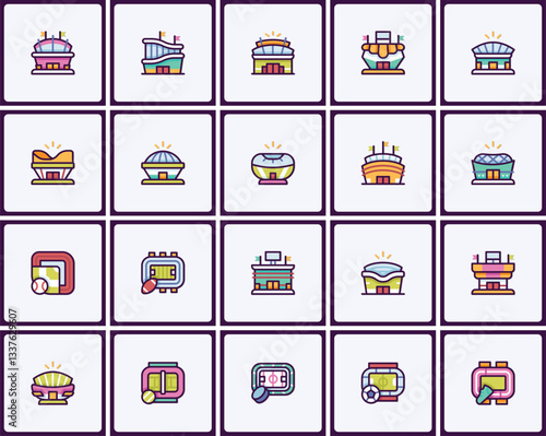 Diverse architectural arenas icon set, showcasing stadium designs and sports