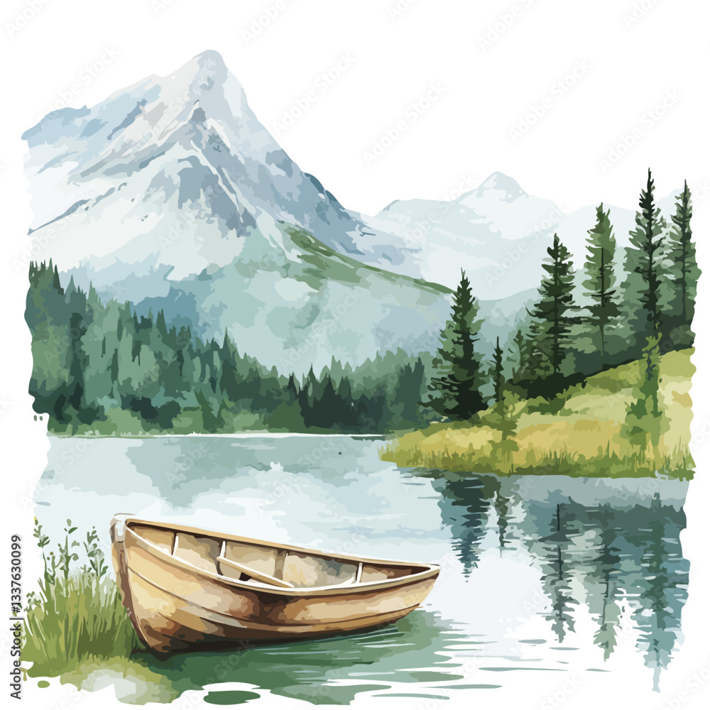 Serene Watercolor Mountain Landscape with Boat and Lake Serene Watercolor Mountain Landscape with Boat and Lake