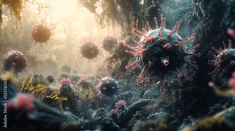Viruses and bacteria for allergy germs background. Virus particles attacking body