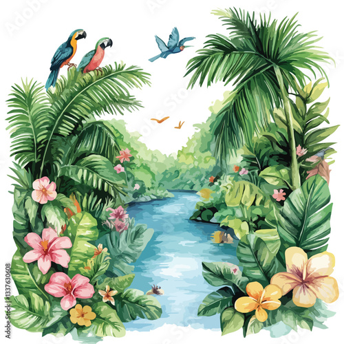 Vibrant Watercolor Tropical Summer Paradise Scene
