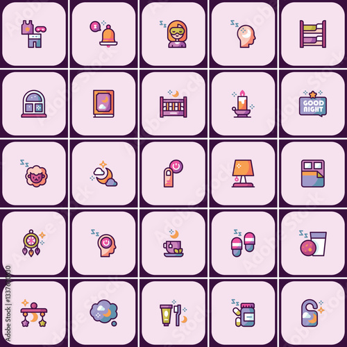 Complete bedtime routine icon set showcasing nightly rituals and sleep aids