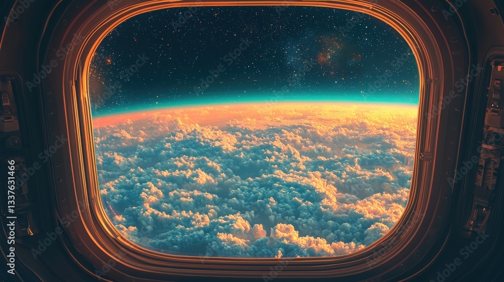 Spaceship window view of Earth's atmosphere, clouds, and cosmos. Spaceship window view of Earth's atmosphere, clouds, and cosmos.