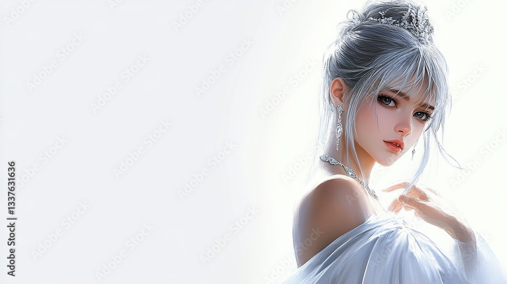 Elegant woman with silver hair and tiara, wearing an off-shoulder white dress. Elegant woman with silver hair and tiara, wearing an off-shoulder white dress.