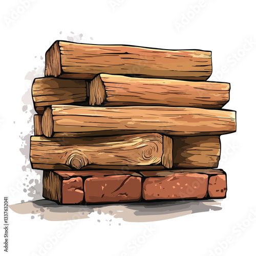 Weathered Wooden Planks Stacked Against Rustic Wall