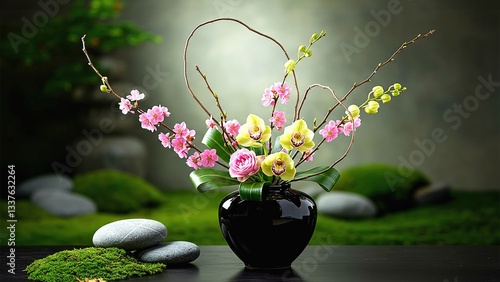 Japanese Style Flower Arrangement Sakura and Orchid in Black Vase