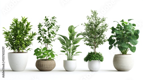 Wallpaper Mural Five potted plants, various types, in white and brown pots, isolated on white background. Torontodigital.ca