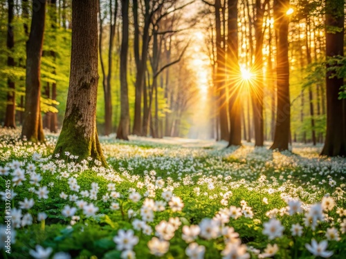 Enchanting Sunlit Forest Glade with Delicate White Flowers, High Depth of Field Stock Photo