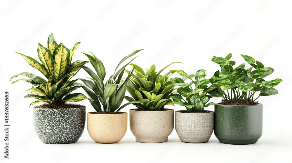 Five potted houseplants in various pots on white background. Five potted houseplants in various pots on white background.