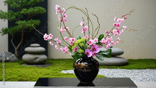 Japanese Style Flower Arrangement Sakura and Orchid in Black Vase