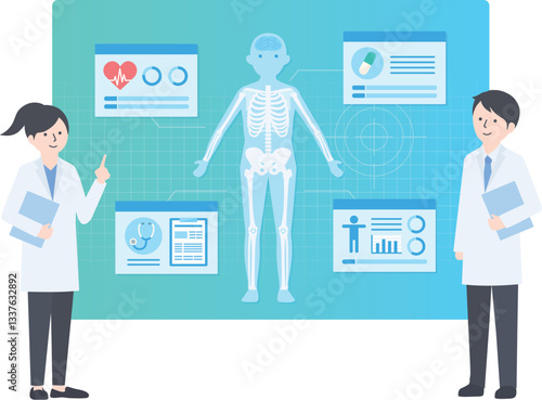 医療データの分析をしている白衣の男女