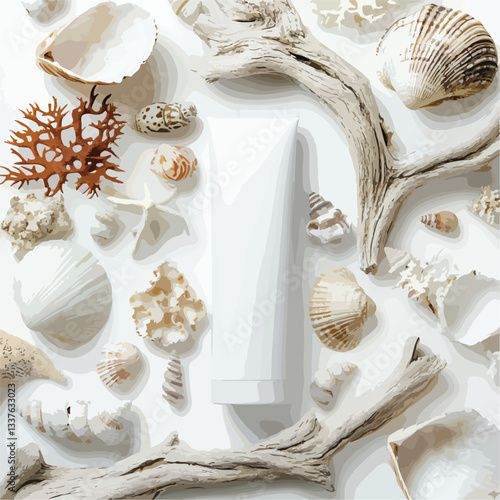 White Cosmetic Tube Mockup Surrounded by Seashells on a Light Background