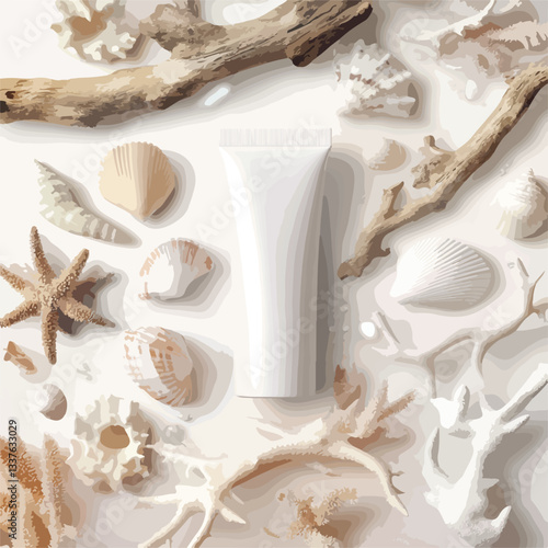 White Cosmetic Tube Mockup Surrounded by Seashells on a Light Background