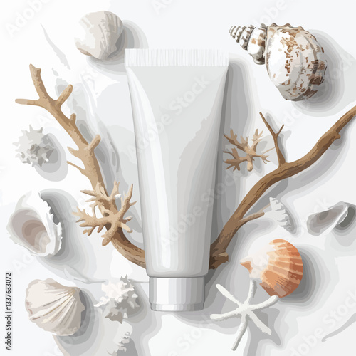 White Cosmetic Tube Mockup Surrounded by Seashells on a Light Background