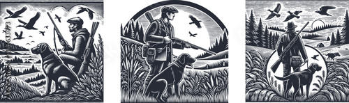  Set of Hunter and Hunting Dog in Nature – A Beautifully Detailed Scene of a Hunter and His Loyal Dog Amidst the Wilderness, Capturing the Spirit of the Outdoors Engraving Design woodcut