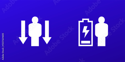 burnout and fatigue icons with low battery and person, vector