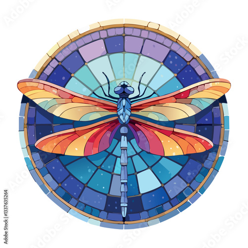 High-resolution 4K bright color watercolor illustration clipart of a circular stained glass dragonfly with shimmering iridescent wings