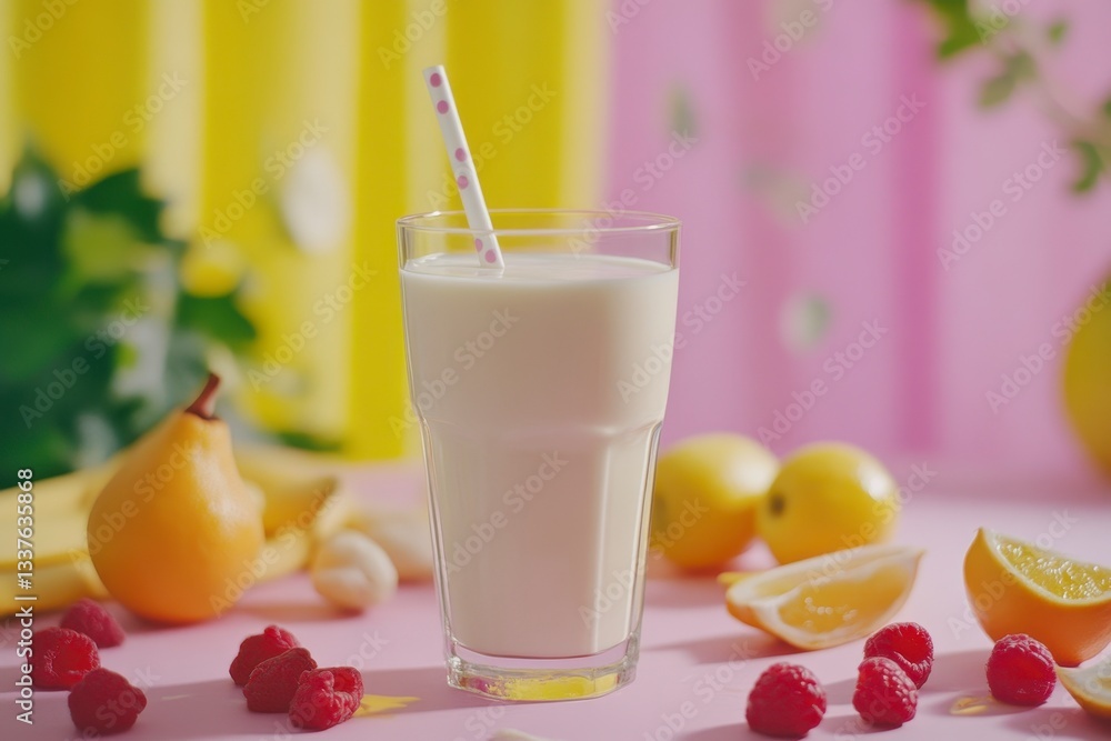 Fruit smoothie with straw, refreshing summer drink, fresh pear, bananas, lemons, raspberries on pink surface, pastel colored background Fruit smoothie with straw, refreshing summer drink, fresh pear, bananas, lemons, raspberries on pink surface, pastel colored background