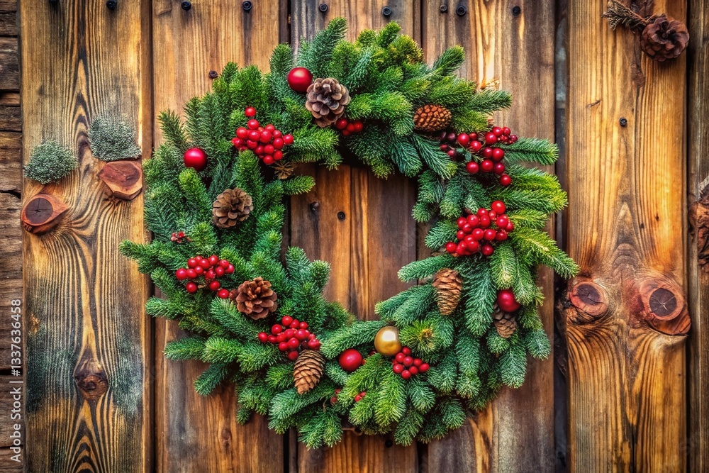 Festive Christmas Wreath on Rustic Wooden Door - Holiday Home Decor Stock Photo Festive Christmas Wreath on Rustic Wooden Door - Holiday Home Decor Stock Photo