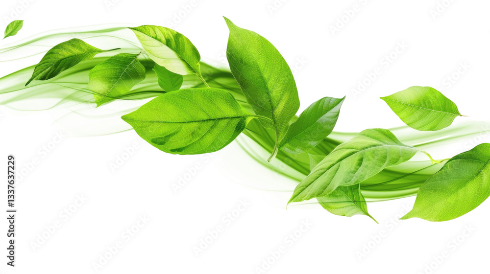 Fototapeta premium Flying green leaves in motion on a white background isolated
