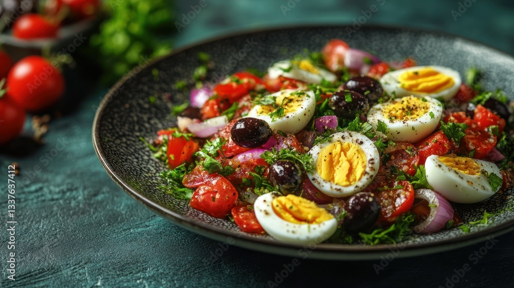 Vibrant salad featuring halved hard-boiled eggs, cherry tomatoes, black olives, red onion, and fresh herbs Vibrant salad featuring halved hard-boiled eggs, cherry tomatoes, black olives, red onion, and fresh herbs