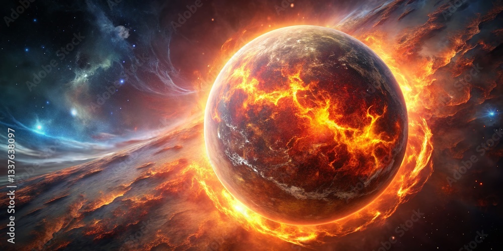 Obraz premium Fiery Abstract Planet - Low Light 3D Render Space Art