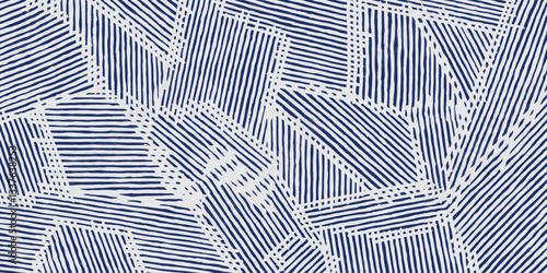 Abstract hand drawn brush lines patchwork pattern, Japanese and ethnic, tribal basketry, weaving, wood carving textured surface background in white and indigo blue for textile, carpet, decoration