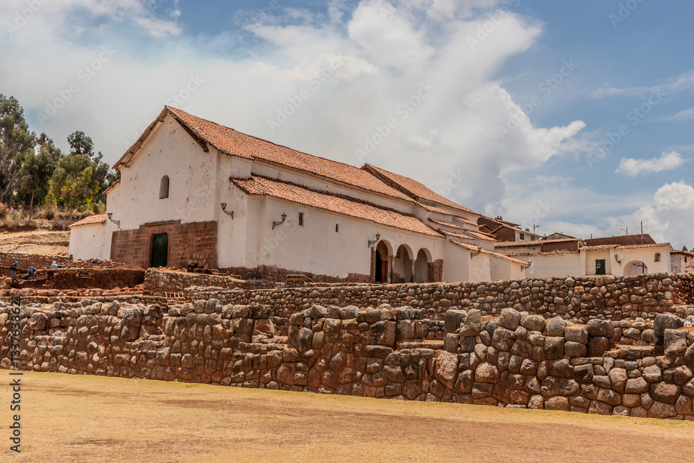 Church and Inca ruins in Chinchero town, Peru