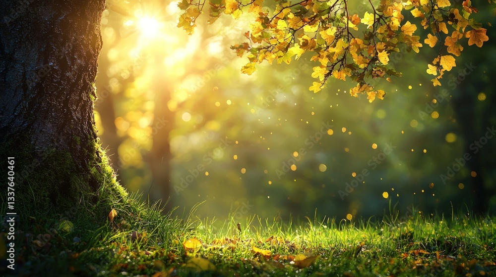 Obraz premium Sunlit autumn forest scene with tree trunk, leaves, and grass.
