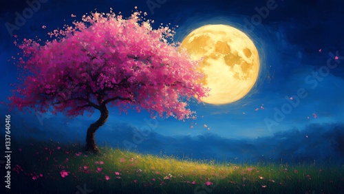 Watercolor painting of a full moon night, illuminating a flowering tree surrounded by lush nature