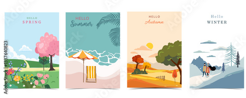 Four season holiday landscape background with mountain and tree for a4 vertical design