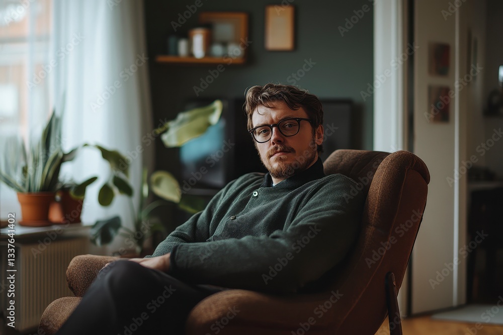 Millennial Man Relaxing in Armchair - At Home Portrait of Attractive Young Male Millennial Man Relaxing in Armchair - At Home Portrait of Attractive Young Male