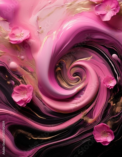 A Mother's Day-inspired abstract landscape with soft, swirling hues of pink, black, and gold