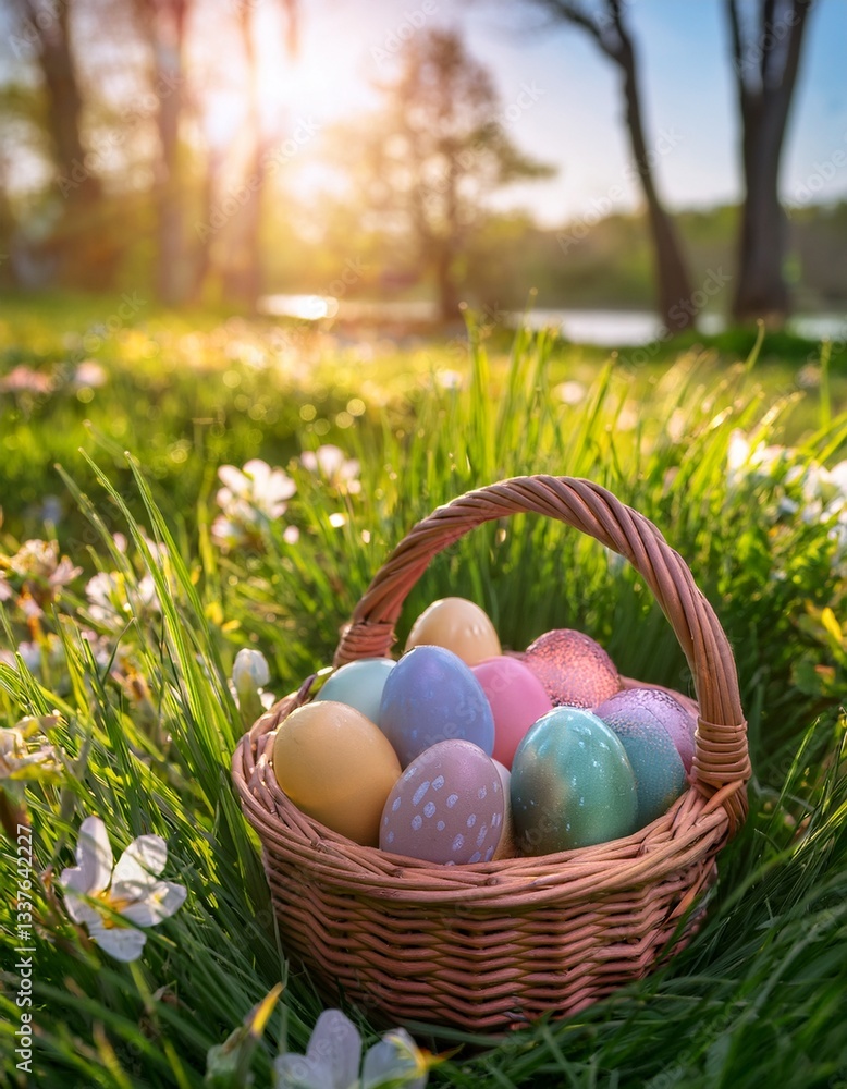 A serene Easter morning scene featuring a wicker basket filled with colorful Easter eggs A serene Easter morning scene featuring a wicker basket filled with colorful Easter eggs