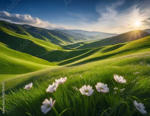 Abstract spring landscape with rolling green hills, delicate blooming flowers