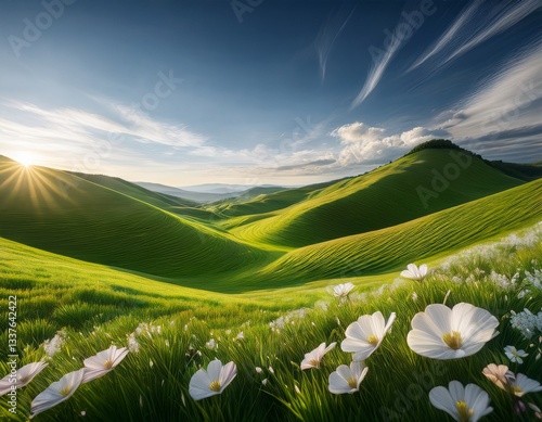 Abstract spring landscape with rolling green hills, delicate blooming flowers
