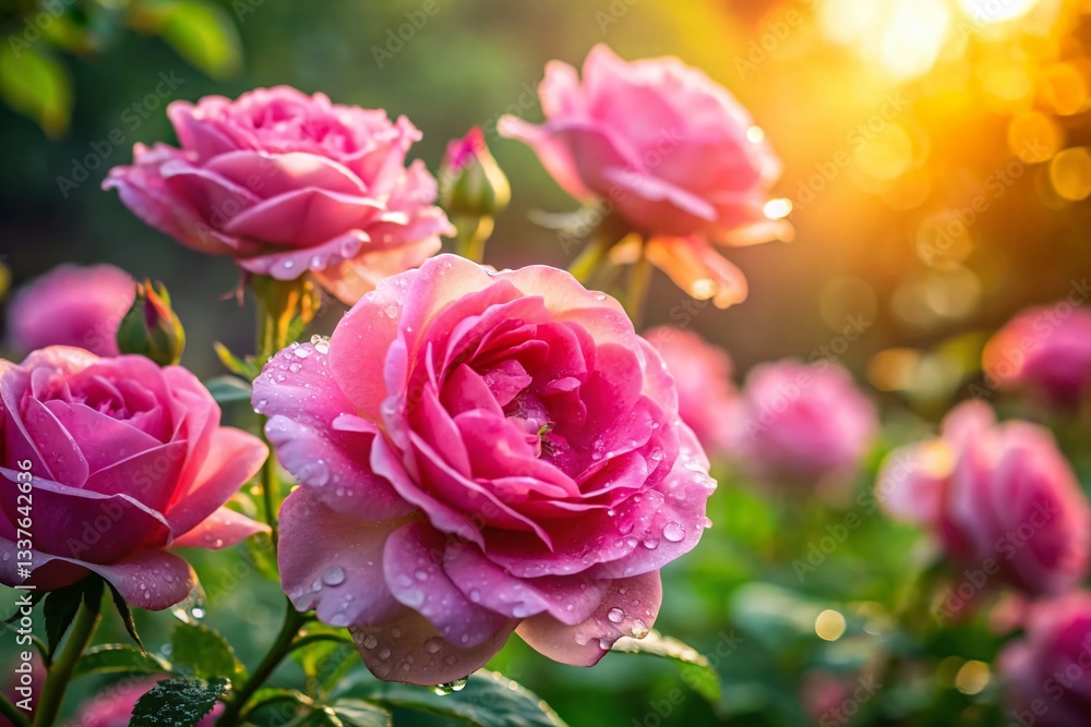 Fresh Pink Roses in Morning Garden - Beautiful Floral Stock Photo Fresh Pink Roses in Morning Garden - Beautiful Floral Stock Photo
