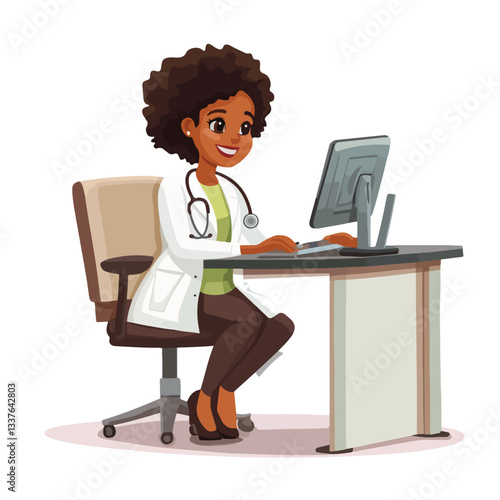 Female Doctor Working at Hospital Desk with Computer Vector Illustration