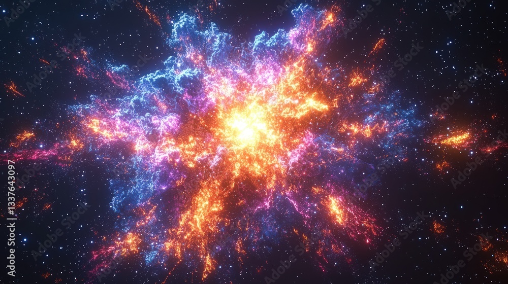 Obraz premium Cosmic explosion, vibrant nebula with fiery orange and cool blue hues.