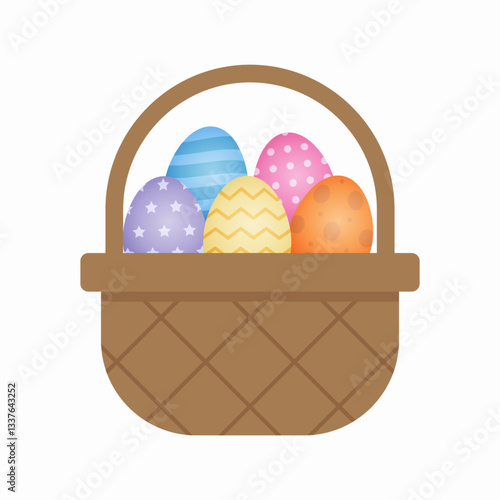 Easter basket with colorful eggs, flat design on white background, Vector illustration