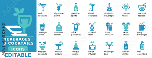 
Editable beverages and cocktails vector set with drinks, glasses and bar icons perfect for digital, print, menus and branding
