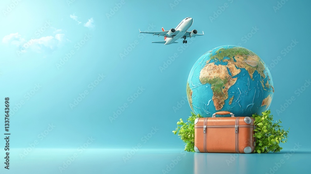 Fototapeta premium Airplane above globe on suitcase, travel concept.