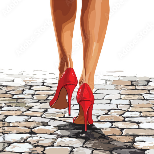 Elegant Woman's Legs in Red Stilettos Stepping Onto Cobblestone Pathway