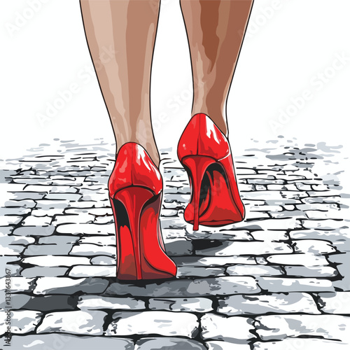 Elegant Woman's Legs in Red Stilettos Stepping Onto Cobblestone Pathway