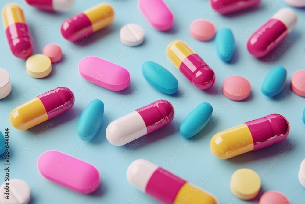 Multicolored Pharmaceutical Pills and Capsules on Blue Surface - Variety of Medication for Healthcare and Treatment Multicolored Pharmaceutical Pills and Capsules on Blue Surface - Variety of Medication for Healthcare and Treatment