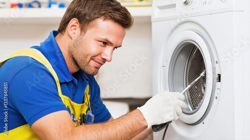 Technician fixing washing machine with focused expression demonstrating expertise in appliance repair in service environment