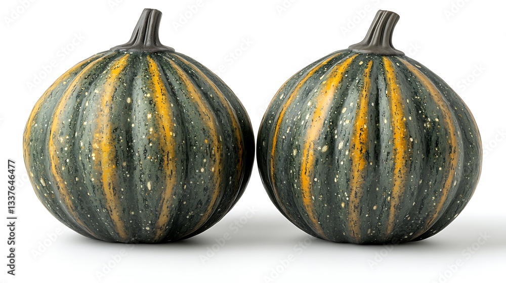 Two large, green and yellow striped acorn pumpkins on a white background, Two large, green and yellow striped acorn pumpkins on a white background,